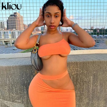 Kliou women one shoulder sleeveless short crop top+sexy hollow out skirt matching set skinny club party fitness elastic outfits